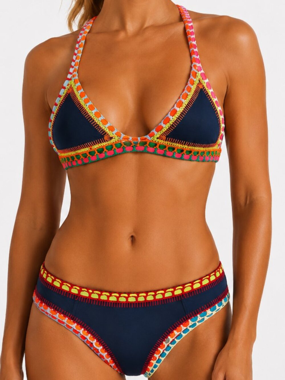 KIINI Tasmin Multicolor Crochet Trim 2-Pc Bikini Set Swimsuit Medium